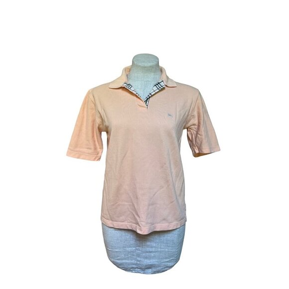 Burberry London Pima Cotton Polo Coral Pink Plaid Collar Made in England Luxury - Picture 1 of 8